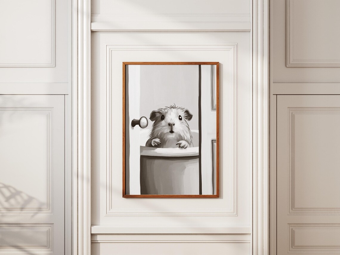 Guinea Pig Peeking Over A Bathtub Black And White Art Poster - Image 2