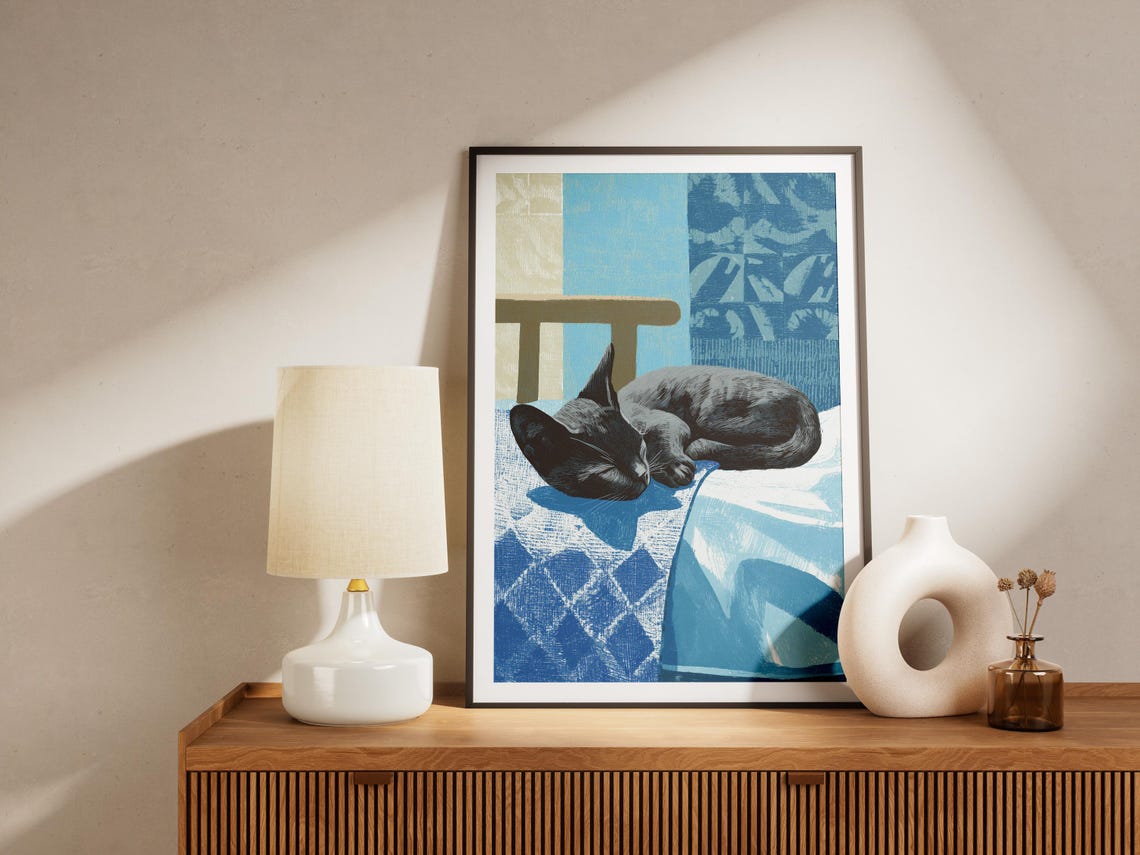 Sleeping Gray Kitten Blue Blanket Cozy Matisse Style Gouache Poster - Image 4