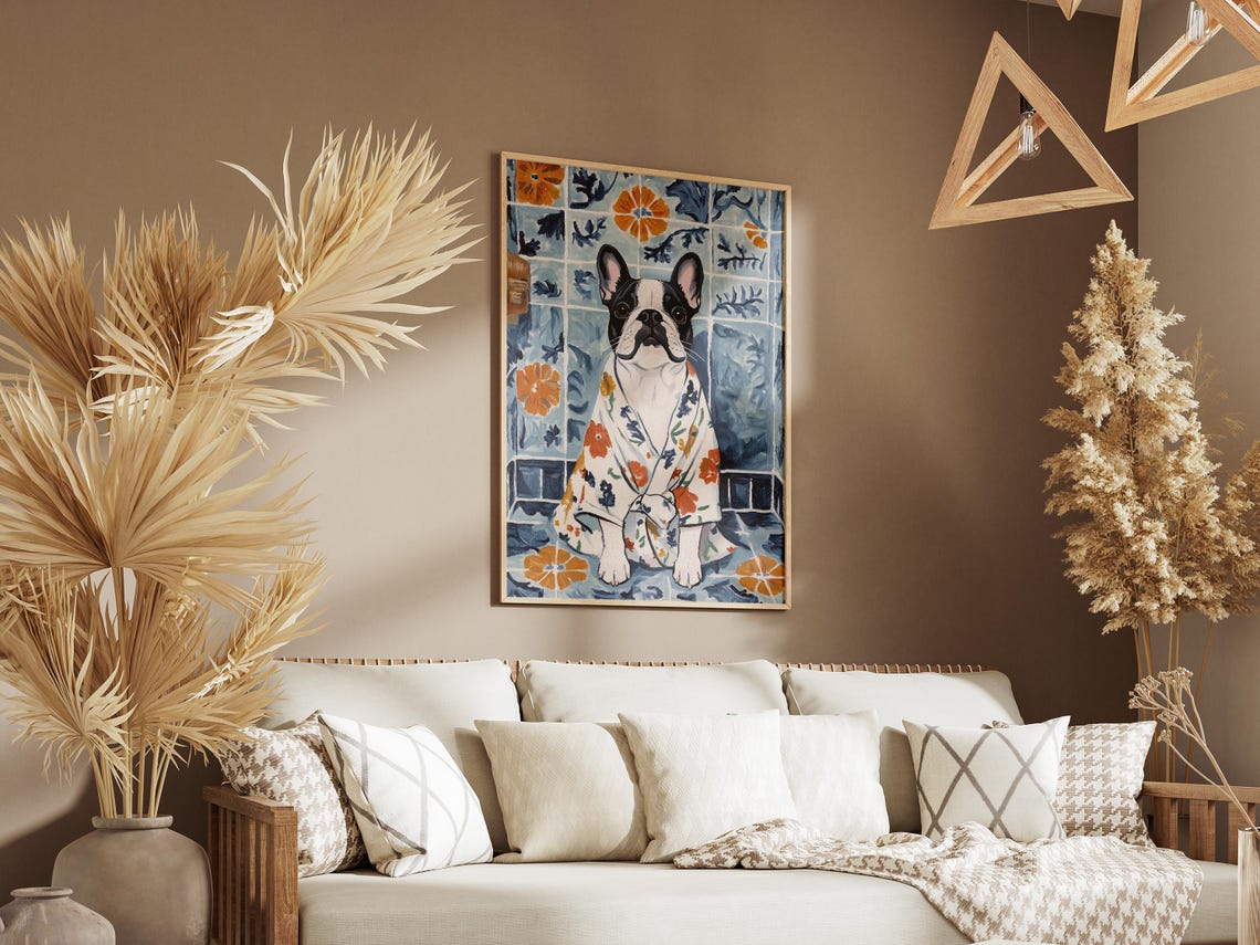 French Bulldog Bathrobe Dog Art Print Dog Poster French Bulldog Gift Dog Lover Gift Cute Dog Bathroom Decor Floral Dog - Image 3