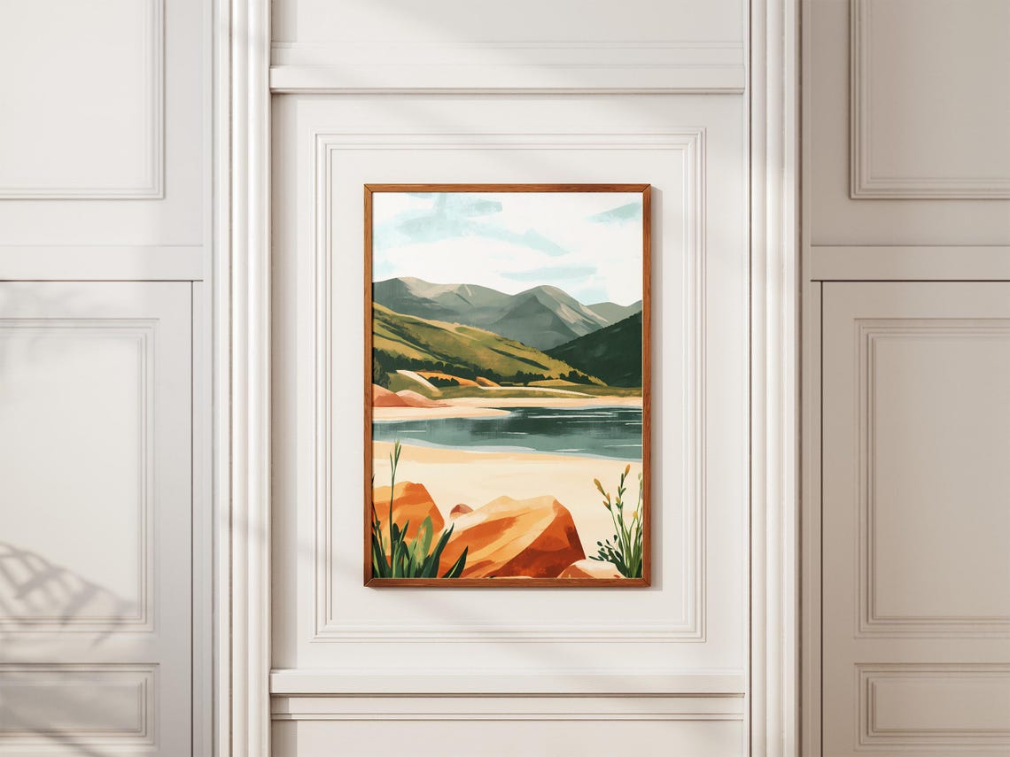 Mountain Lake Shore With Orange Rocks Summer Scenery View Poster - Image 2