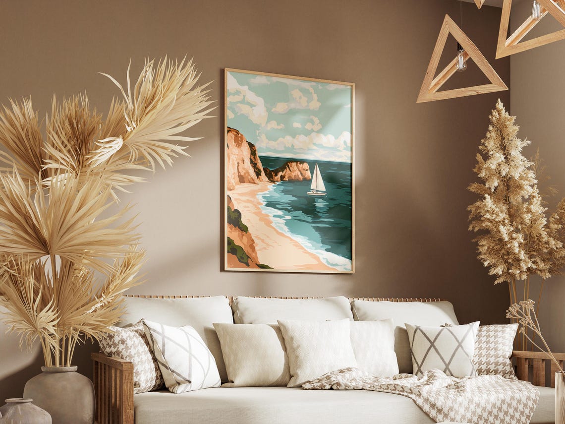 Sailboat Passing Sandy Beach Coastal Cliffs Landscape Poster - Image 3