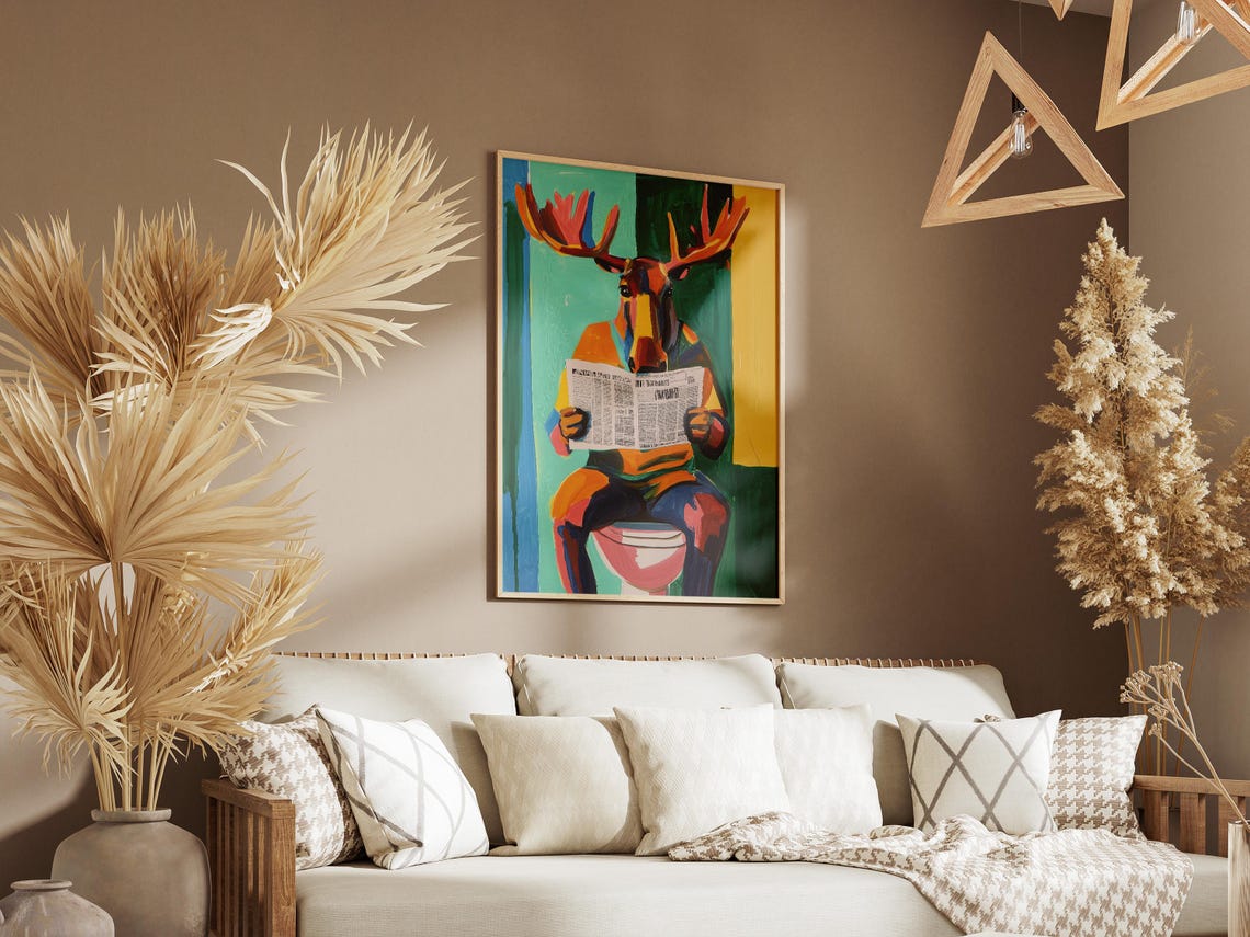 Colorful Moose Reading Newspaper On Toilet Whimsical Bathroom Poster - Image 3