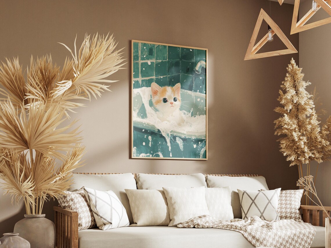 White Ginger Kitten in Foamy Tub Teal Tiles Sweet Art Poster - Image 3