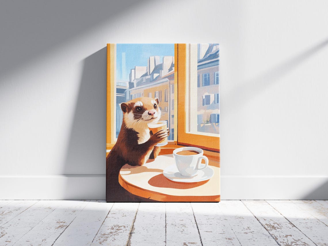 Cute Ferret Holding a Tiny Cup at a Sunny City Cafe Window Poster - Image 2