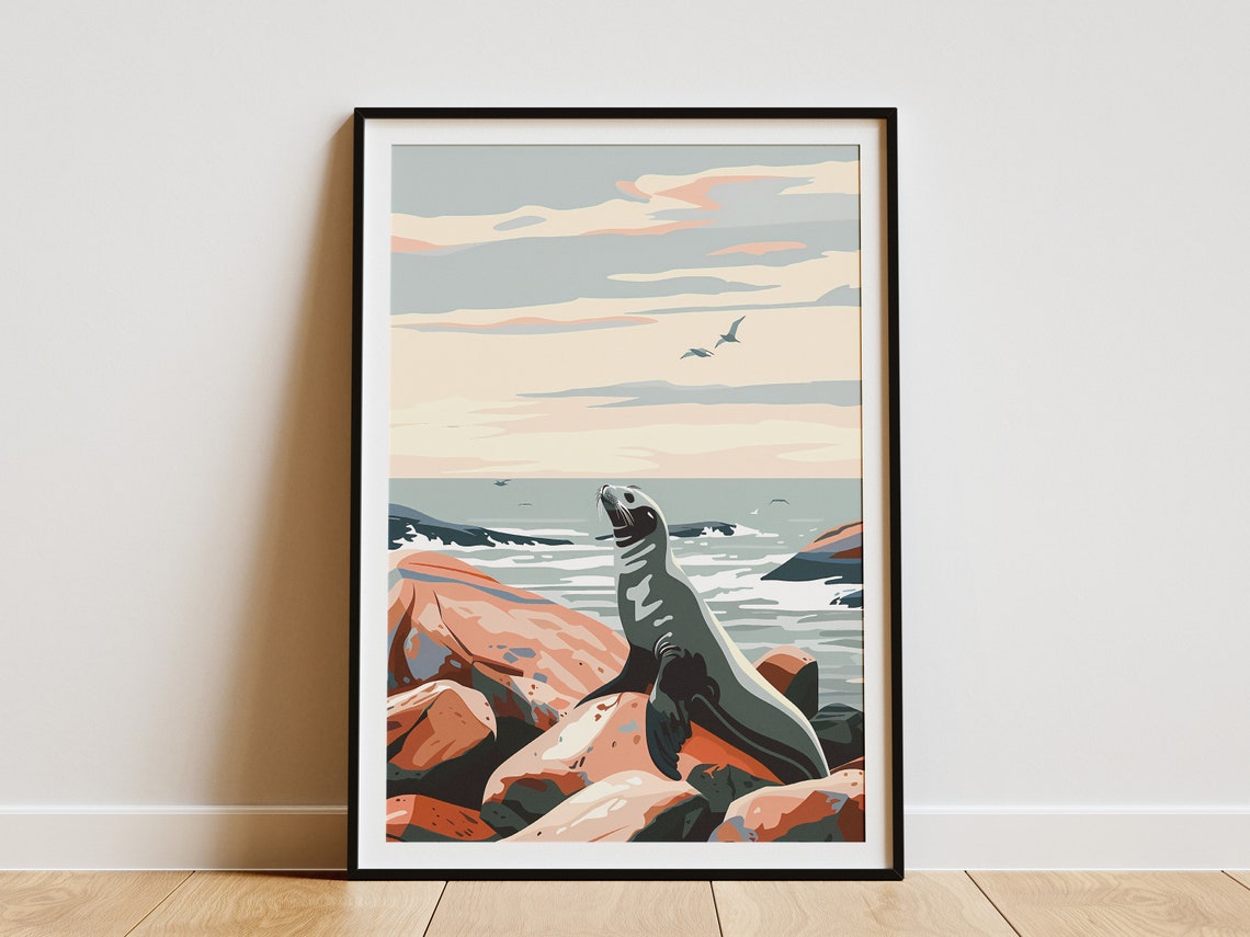 Sea Lion On Rocks Coastal Art Print Modern Minimalist Poster Ocean Animal Wall Decor Nautical Decor Beach Home Decor
