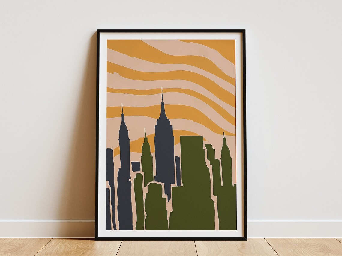 New York City Skyline Sunset Silhouette Mid Century Modern Art Print