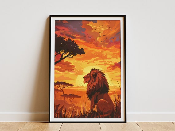 African Lion Sunset Poster Savanna Art Print Animal Wall Decor Wildlife Art For Home Office Decor