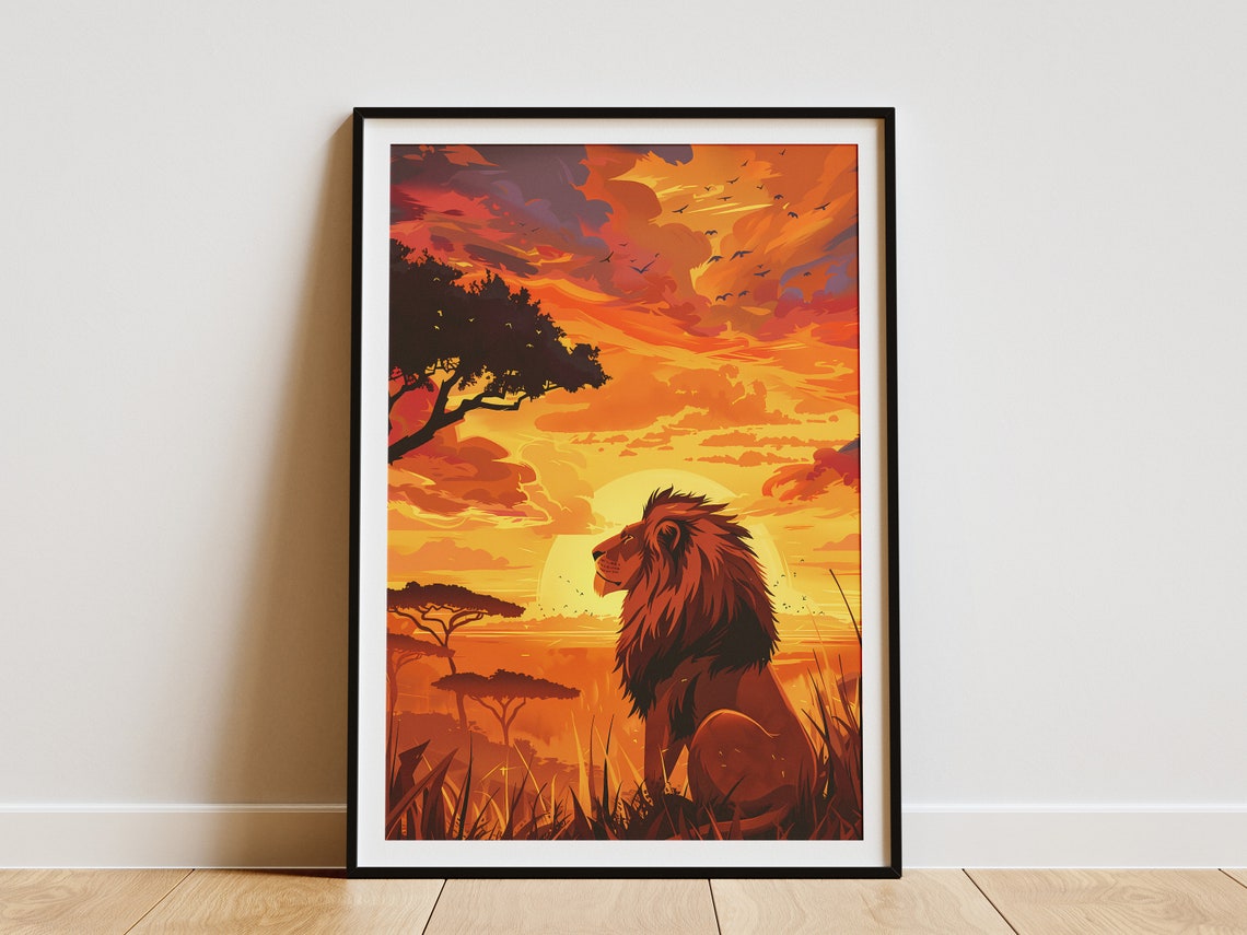 Lion Sunset African Savanna Wildlife Dramatic Orange Sky Poster