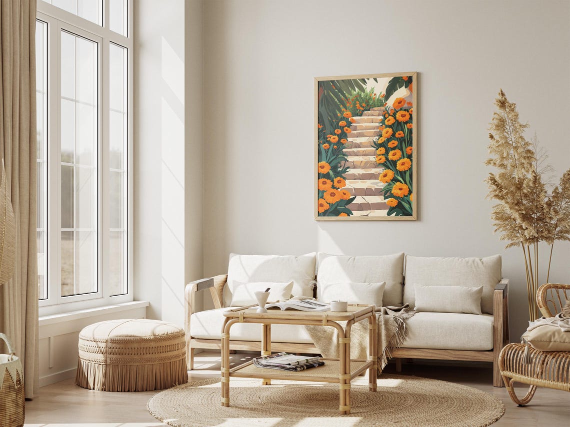 Orange Marigolds Crowding a Sunlit Stone Garden Staircase Poster - Image 4