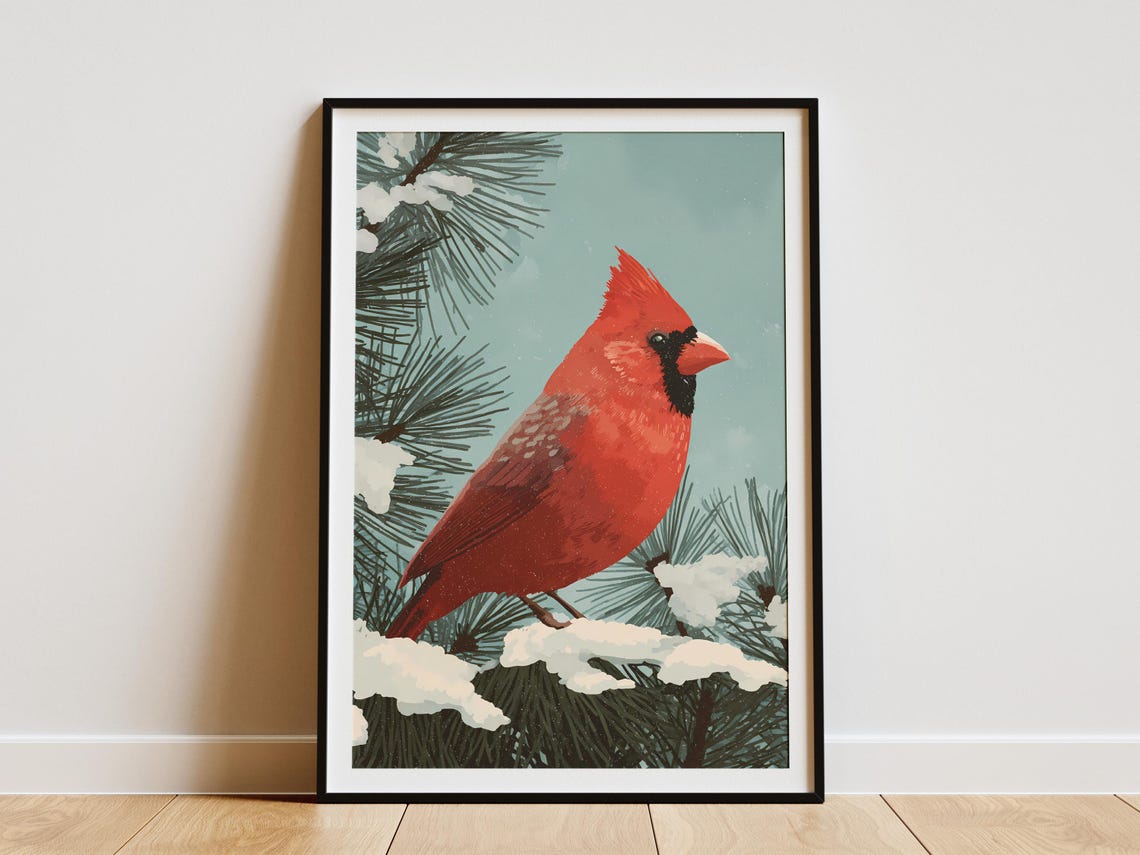 Red Cardinal Perched On Snowy Pine Winter Bird Nature Poster
