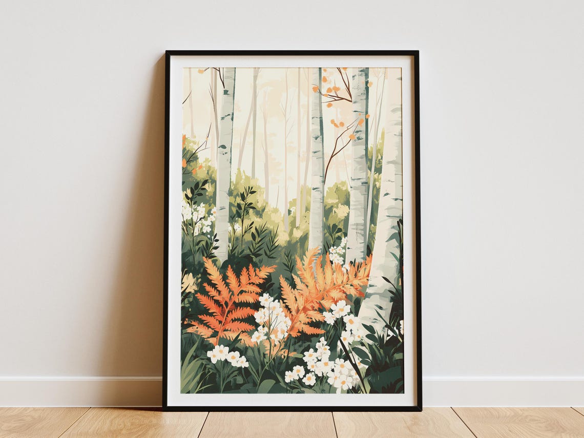 Birch Forest Glade With Orange Ferns And White Flowers Poster
