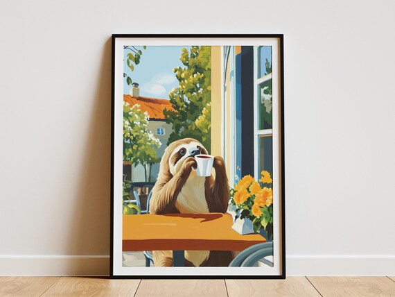 Sloth Cafe Poster, Matisse-Inspired Animal Art Print