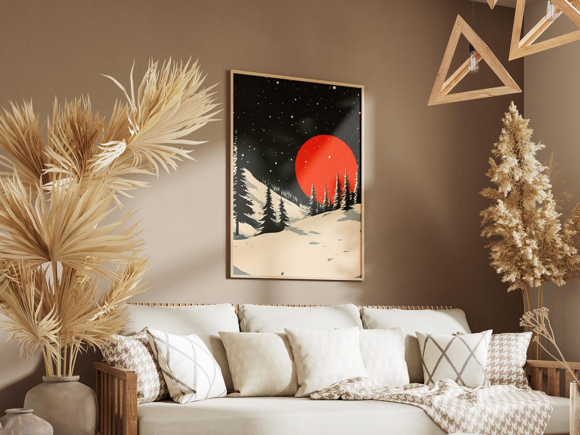 Red Moon Winter Night Snowy Pine Forest Starry Sky Art Poster - Image 3