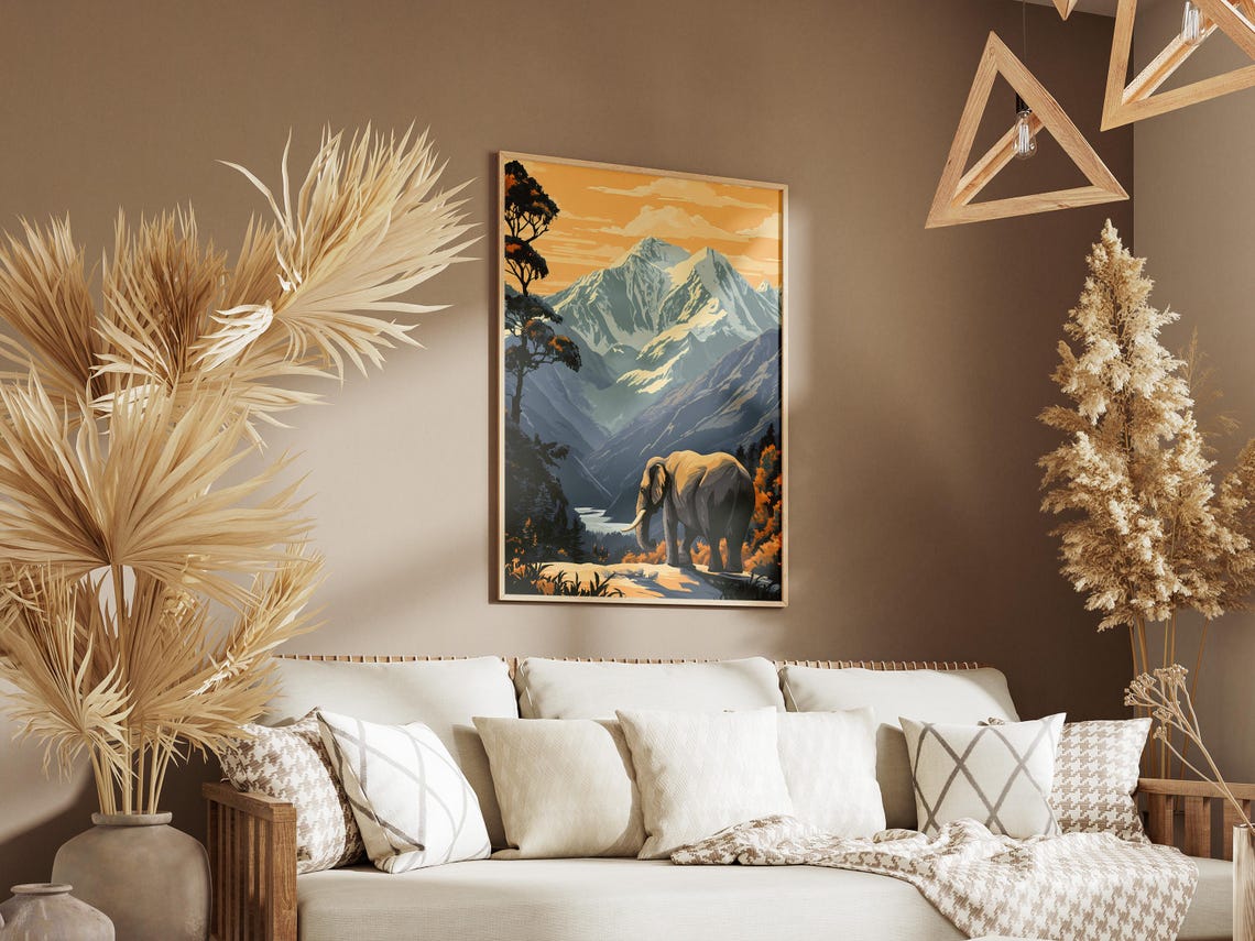 Elephant Gazing At Snow Capped Himalayan Peaks Vintage Poster - Image 3