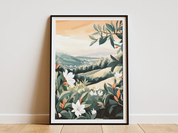 Tea Plantation Landscape Poster Green Hills Print Botanical Wall Art Nature Decor Calm Modern Home Artistic Farm