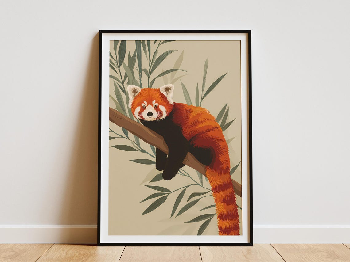 Sleepy Red Panda Relaxing On Tree Branch Minimalist Beige Poster