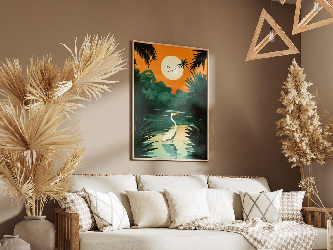 Everglades Florida Great Egret Full Moon Wetland Night Poster - Image 3
