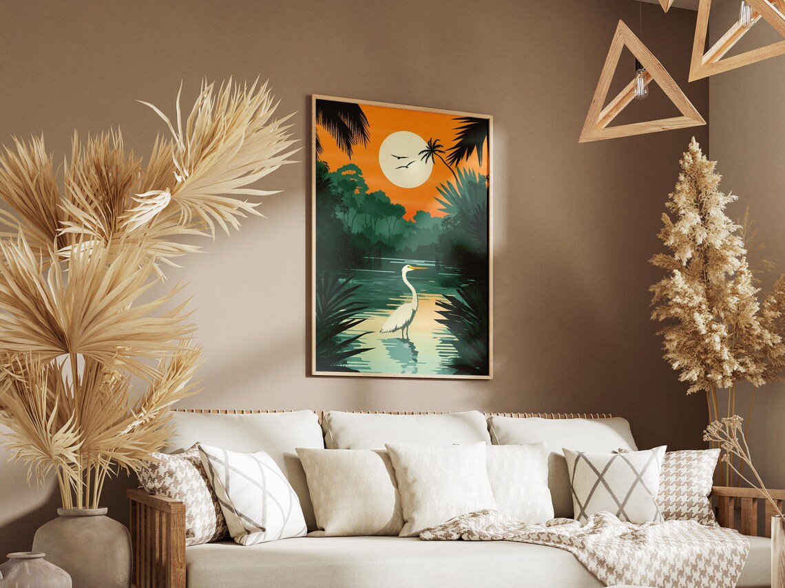 Everglades National Park Poster Florida Nature Print Retro Travel Poster Vintage Wildlife Art Bird Poster Great Egret Tropical Landscape - Image 3
