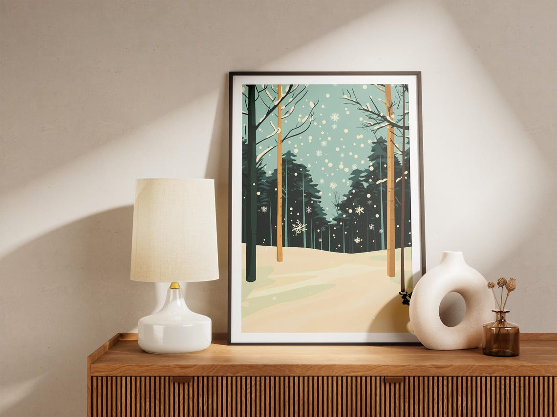 Falling Snow Among Tall Pine Trees in a Quiet Winter Woods Poster - Image 5