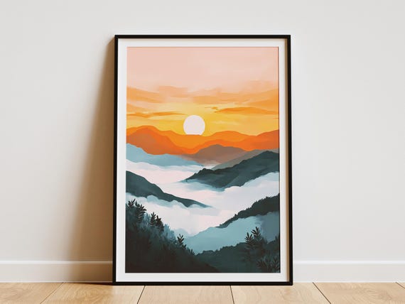 Sunset Mountains Landscape Poster Orange And Teal Hills Print Modern Minimalist Wall Art Abstract Nature Scene Golden Hour Artwork Foggy