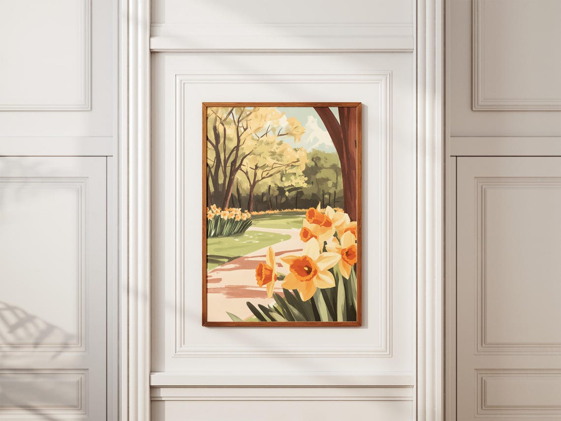 Daffodil Lined Park Path With Yellow Spring Trees Art Poster - Image 2