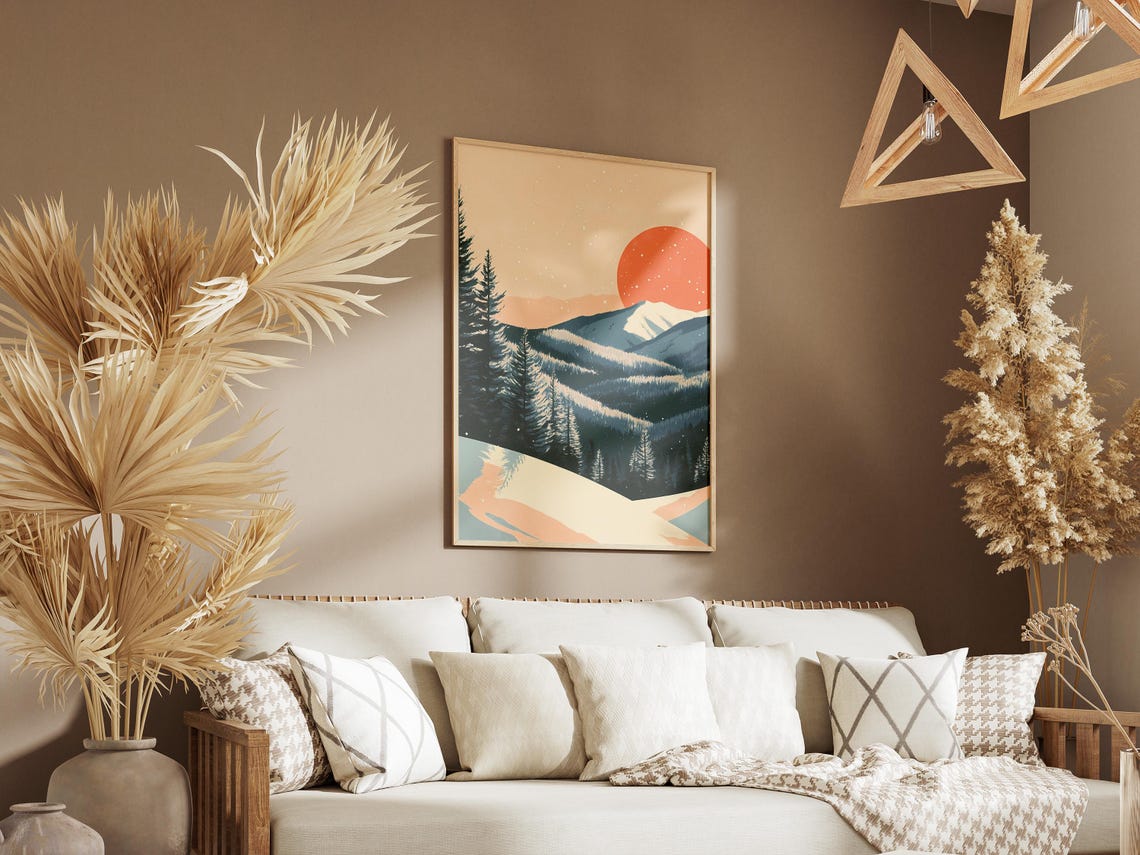 Big Orange Sunset Over Snowy Mountain Ridges Pine Forest Poster - Image 3