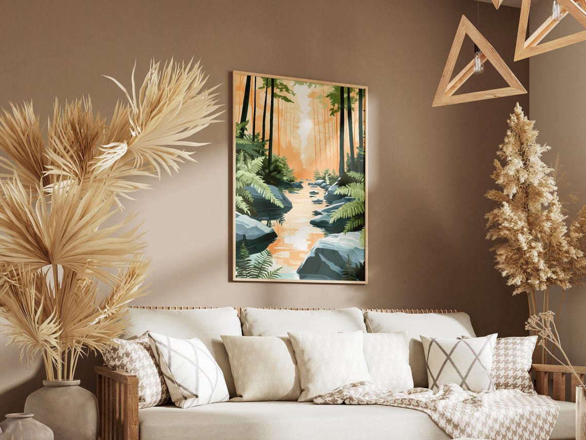 Sunlit Forest Stream Lined With Ferns Rocks And Tall Pines Poster - Image 3