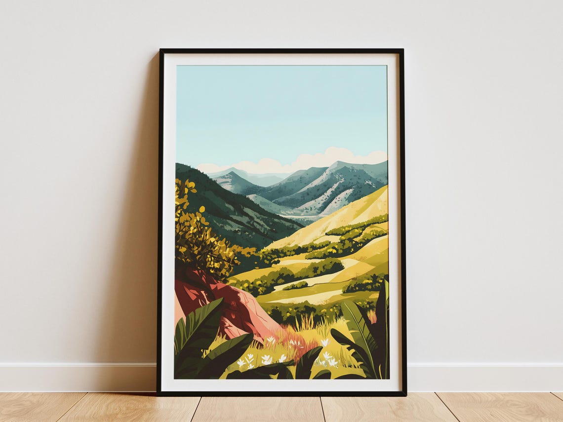 Sunlit Golden Valley Between Green Mountains Landscape Poster