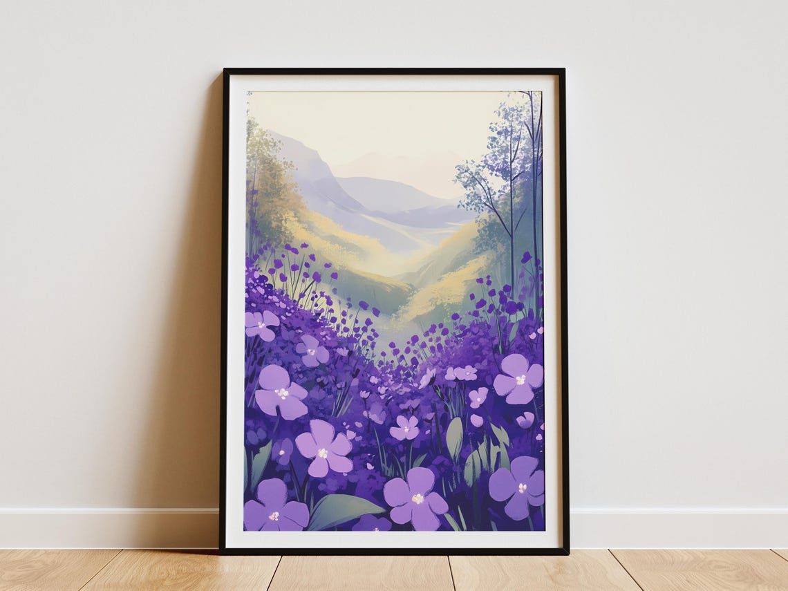 Purple Wild Violet Field in a Misty Mountain Valley Art Poster