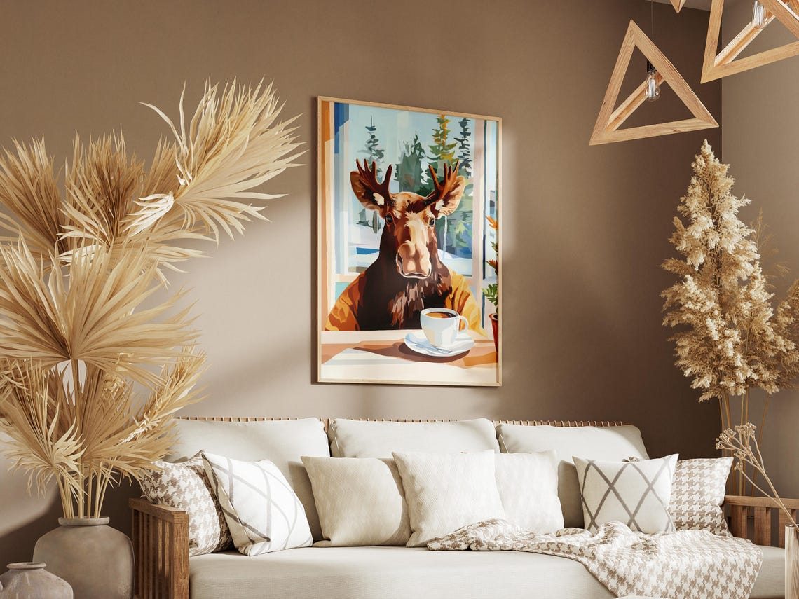Moose in Yellow Shirt with Coffee at Pine Window Cafe Poster - Image 3