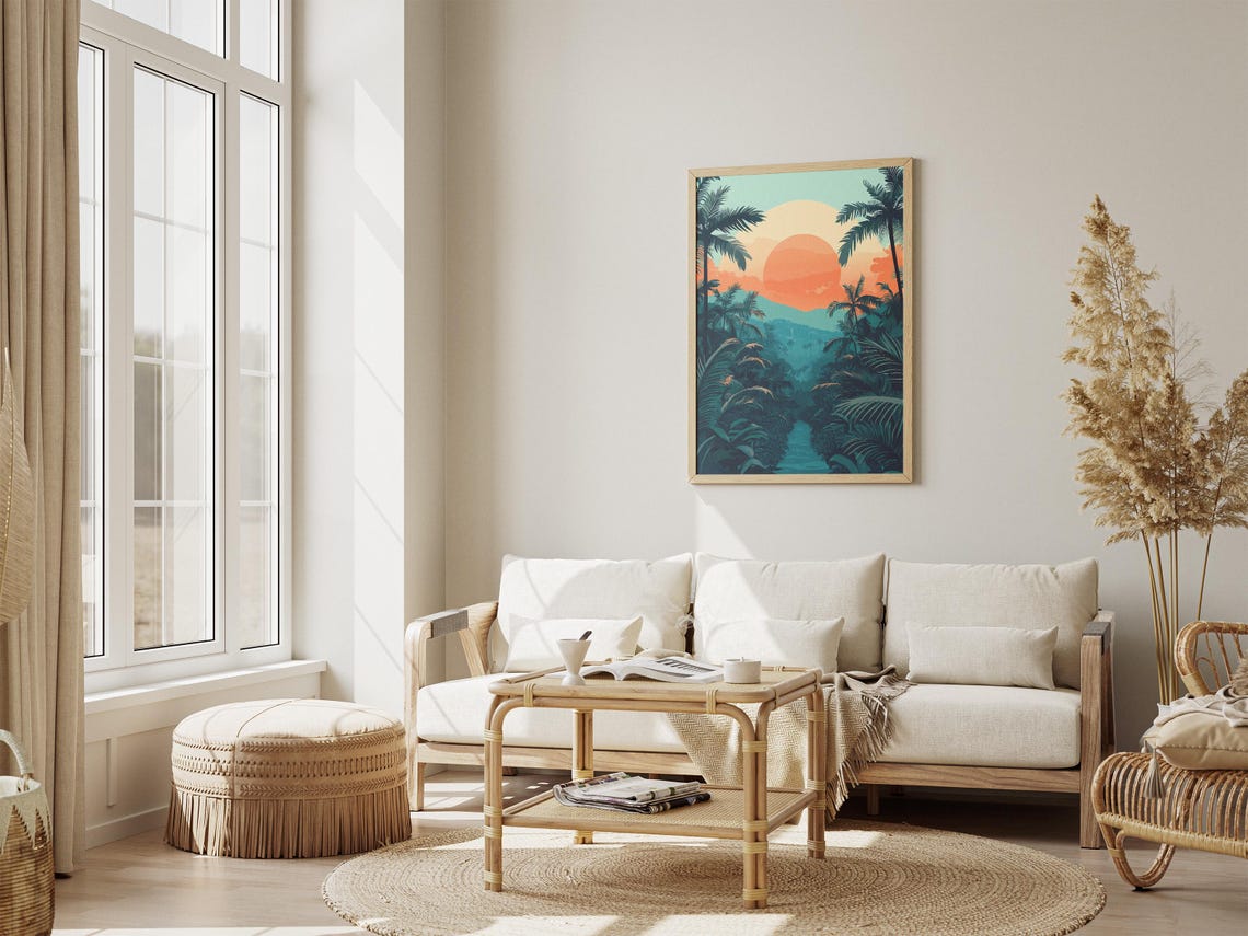 Tropical Jungle River Sunset Giant Orange Sun Palm Trees Poster - Image 4