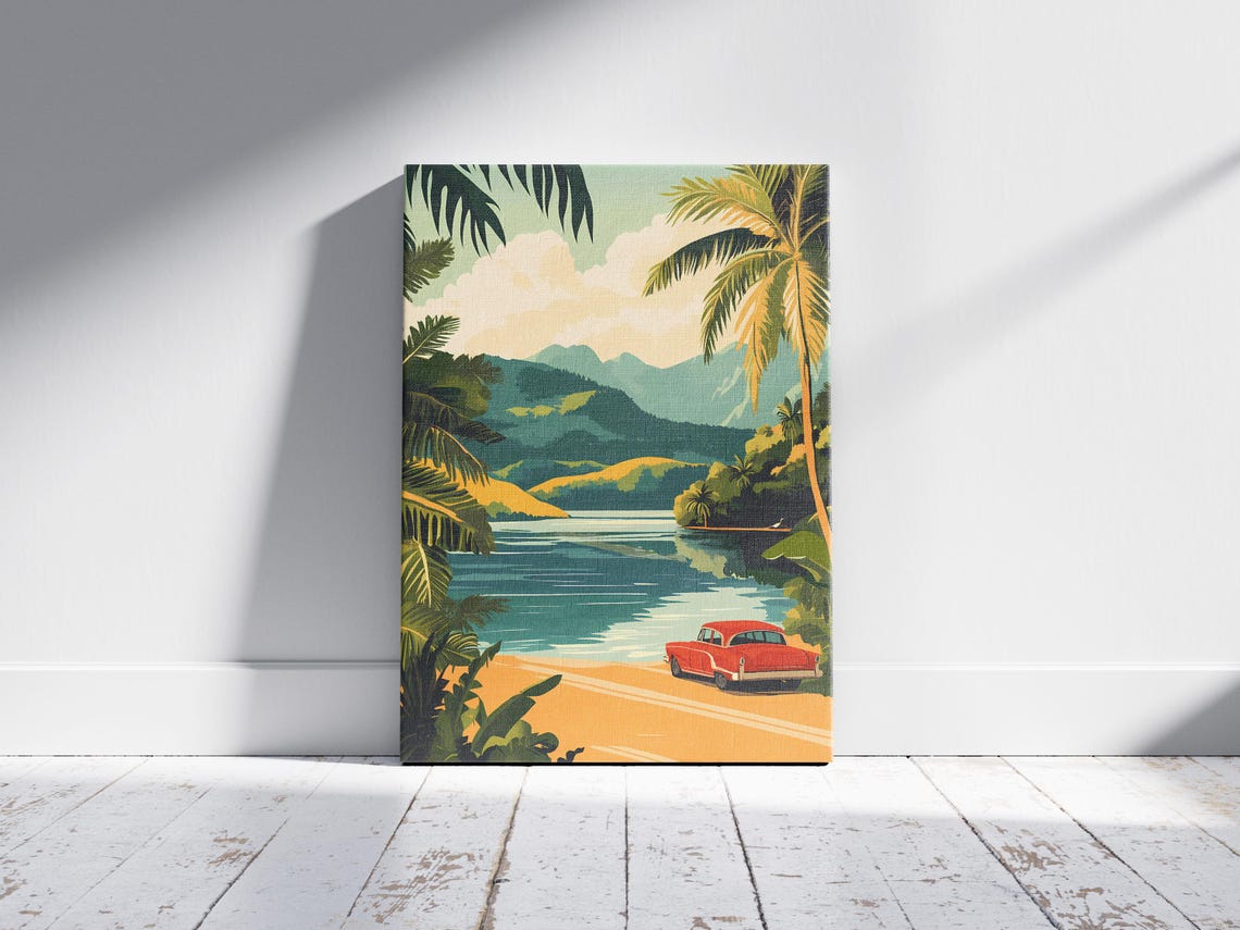 Vintage Tropical Travel Scene with Red Classic Car Beach Poster - Image 2