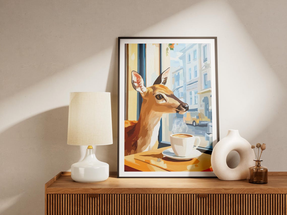 Deer with a Steaming Coffee Gazing Out a City Cafe Window Poster - Image 4