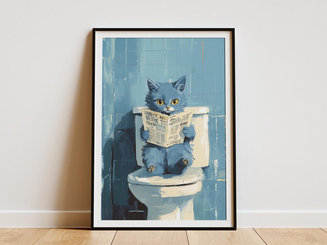 Blue Cat Reading Newspaper on Toilet Humorous Bathroom Poster