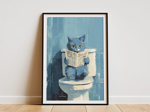 Russian Blue Kitten On Toilet Newspaper Poster Funny Cat Print Quirky Bathroom Art Lover Gift Novelty Wall Decor Pet Home