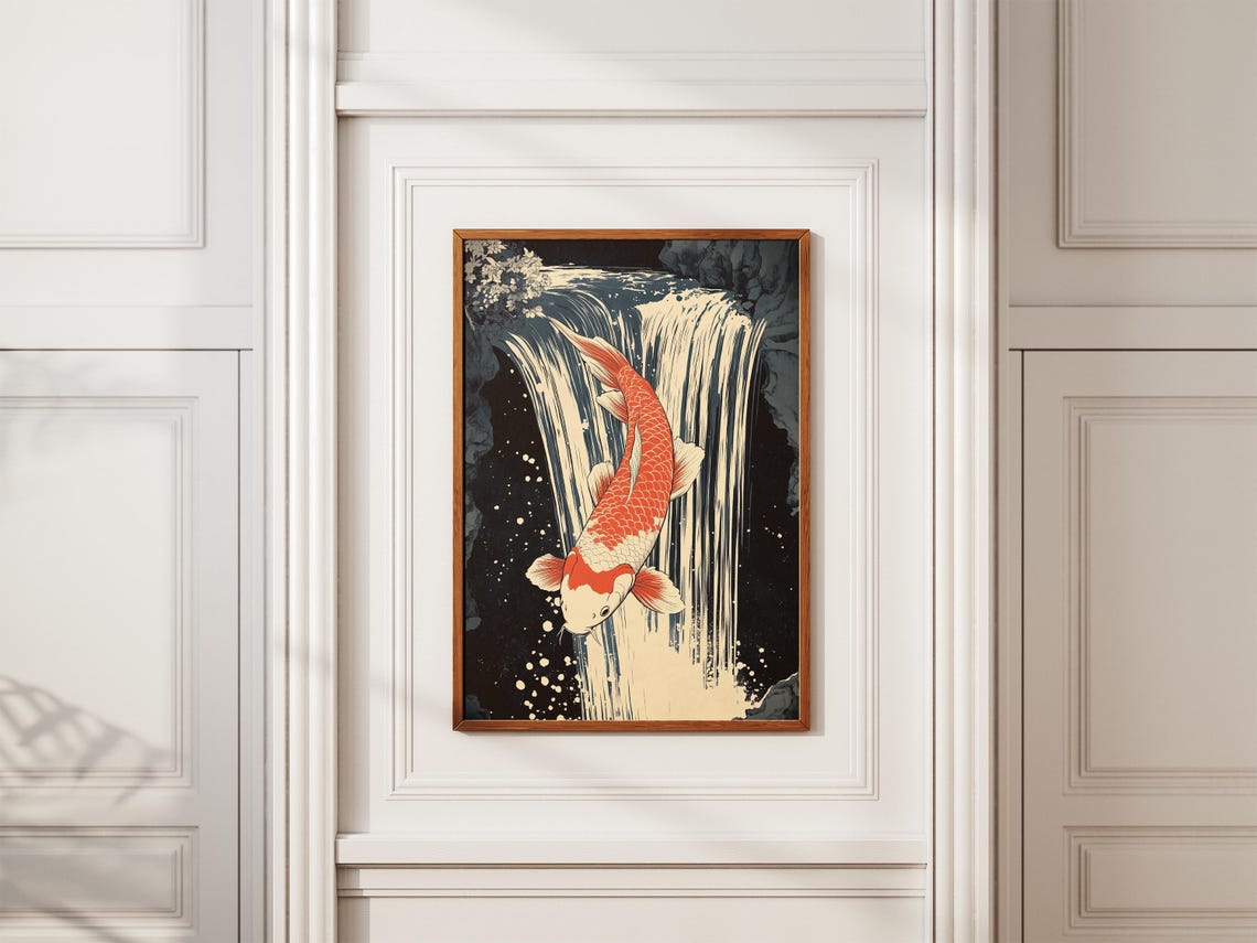 Red and White Koi Fish Leaping Up a Dark Waterfall Art Poster - Image 2