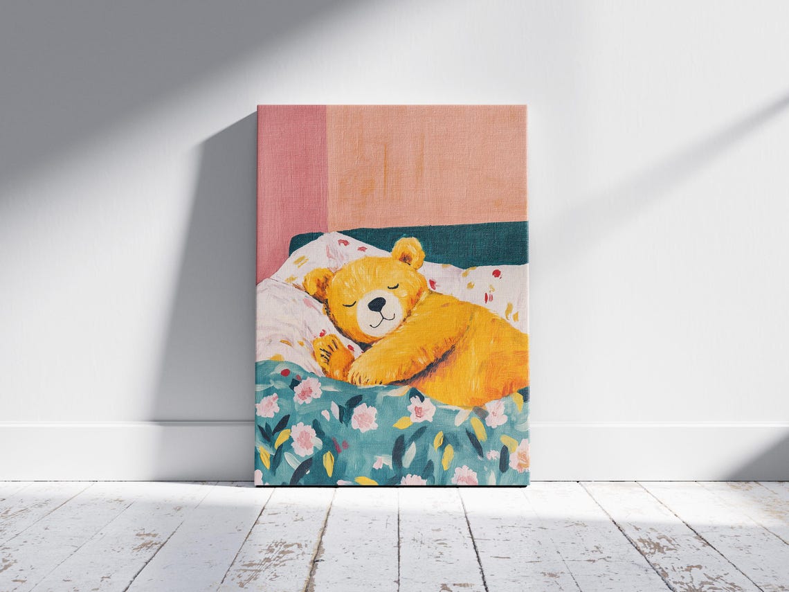 Golden Bear Sleeping in Floral Bed Cute Whimsical Nursery Art Poster - Image 2