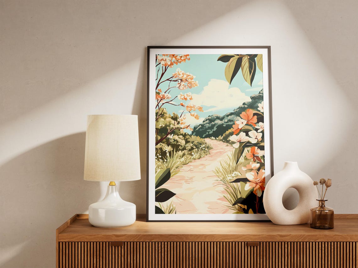 Winding Hillside Path With Blooming Trees Landscape Art Poster - Image 5