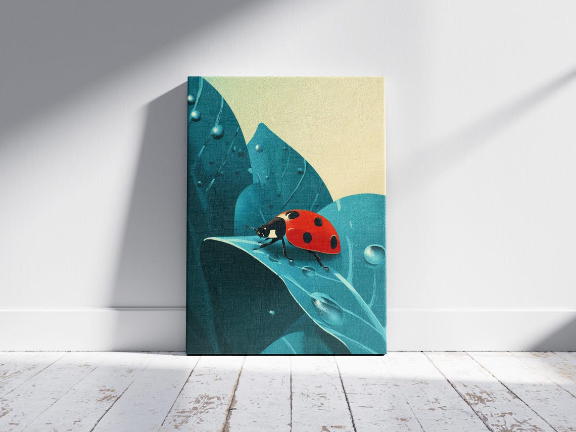 Vibrant Ladybug Dewdrop Leaf Print Modern Nature Wall Art Poster Charming Insect Illustration Botanical Garden Theme - Image 2