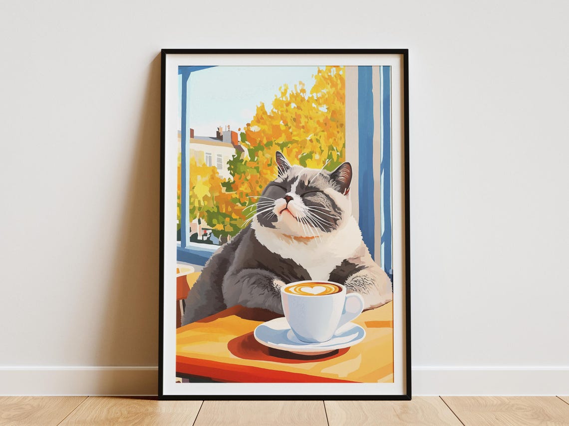 British Shorthair Cat Enjoying Latte at Autumn Cafe Window Poster
