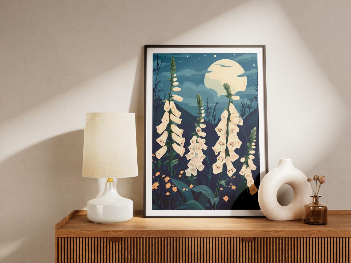 White Foxgloves Under a Full Moon Night Garden Botanical Poster - Image 5