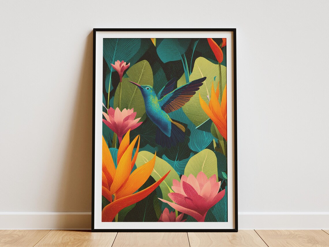 Blue Hummingbird Flying Among Tropical Flowers Foliage Poster