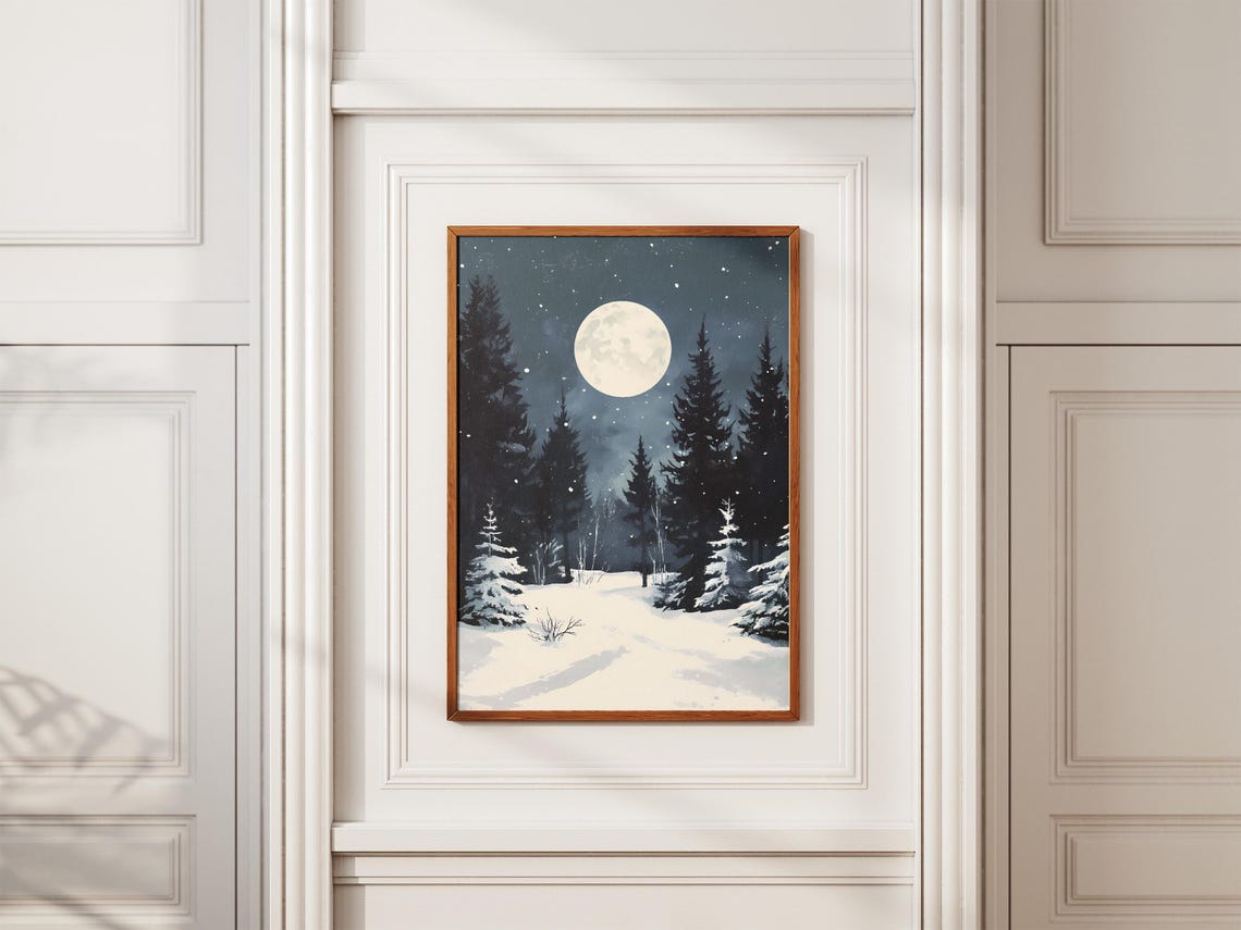 Full Moon Over a Snowy Night Forest with Stars and Falling Snow Poster - Image 2