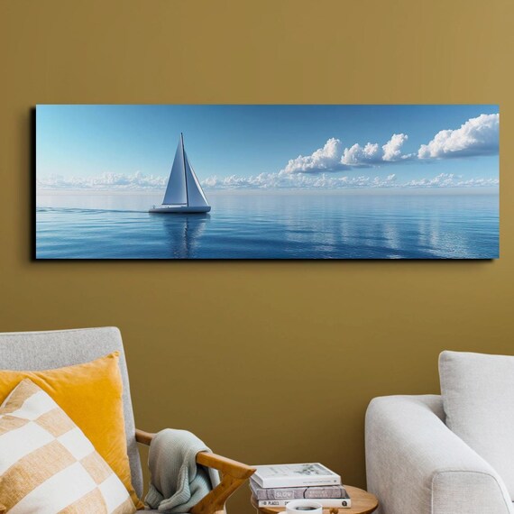 White Sailboat Gliding Across a Calm Blue Ocean Under Puffy Clouds Poster