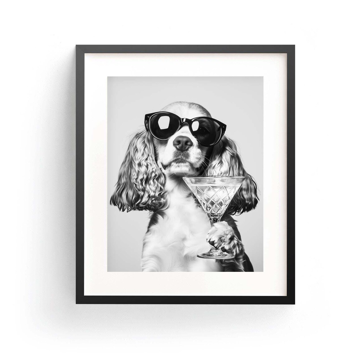 Cocker Spaniel With Sunglasses Holding A Crystal Martini Glass Poster
