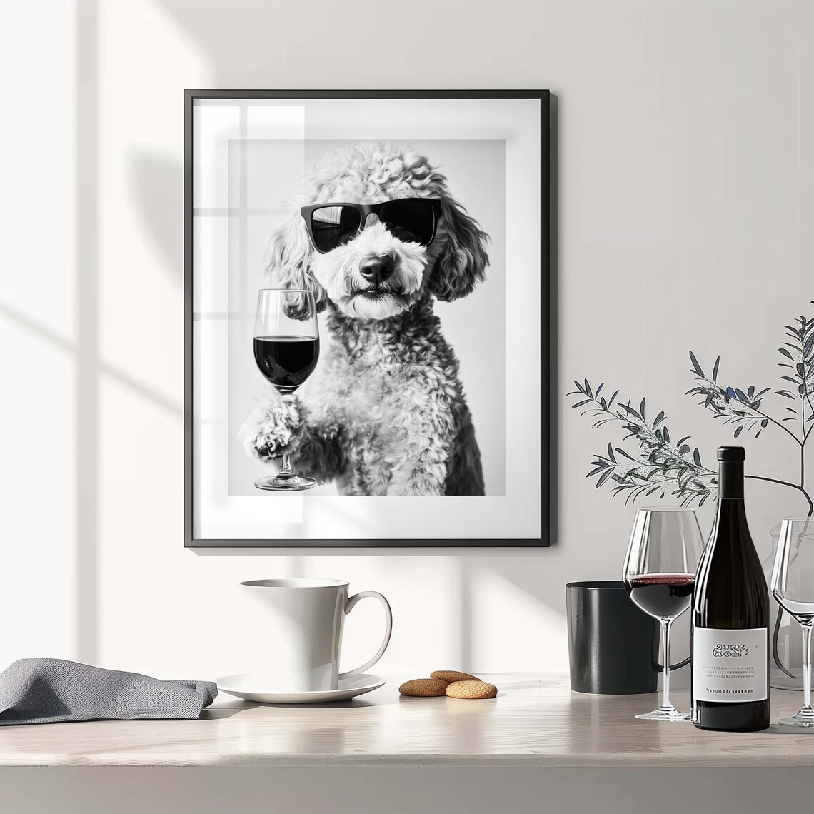 Cream Goldendoodle In Sunglasses Holding A Glass Of Red Wine Poster - Image 3