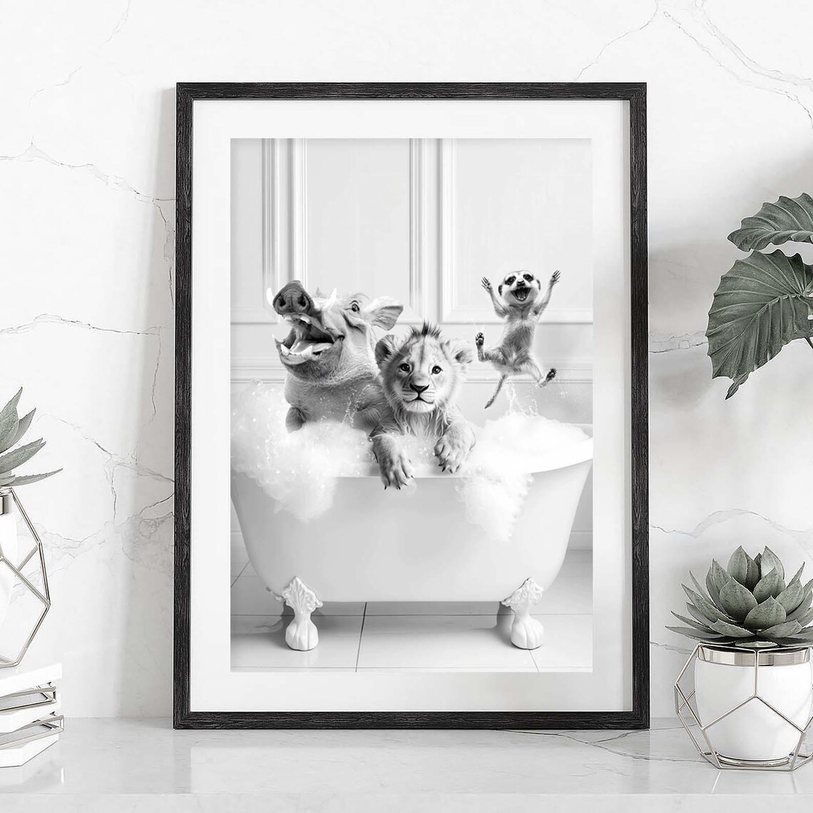 Lion Cub Warthog and Meerkat Bubble Bath Funny Bathroom Animal Poster - Image 2