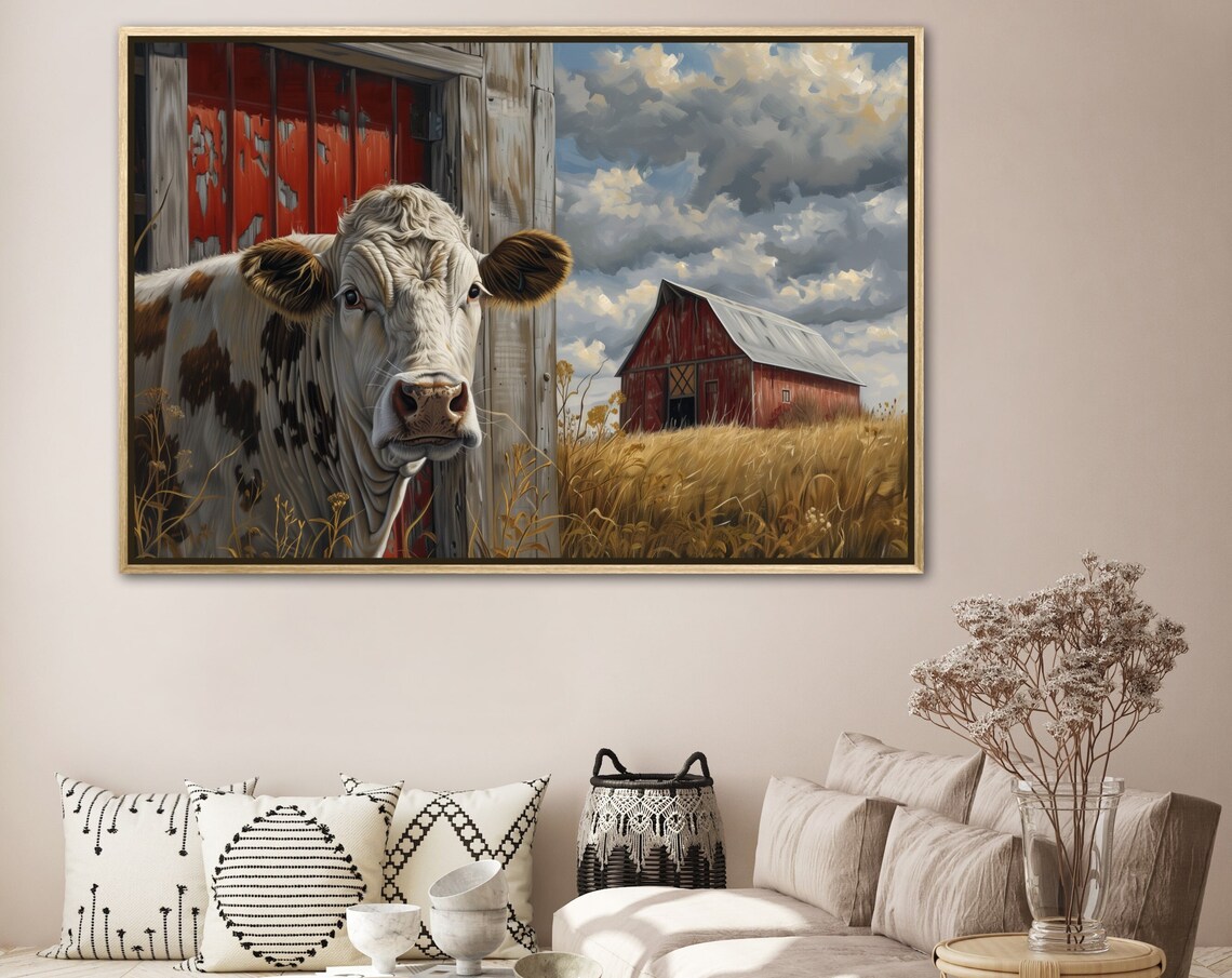 Curious Cow Red Barn Wheat Field Rustic Farmhouse Portrait Wall Art