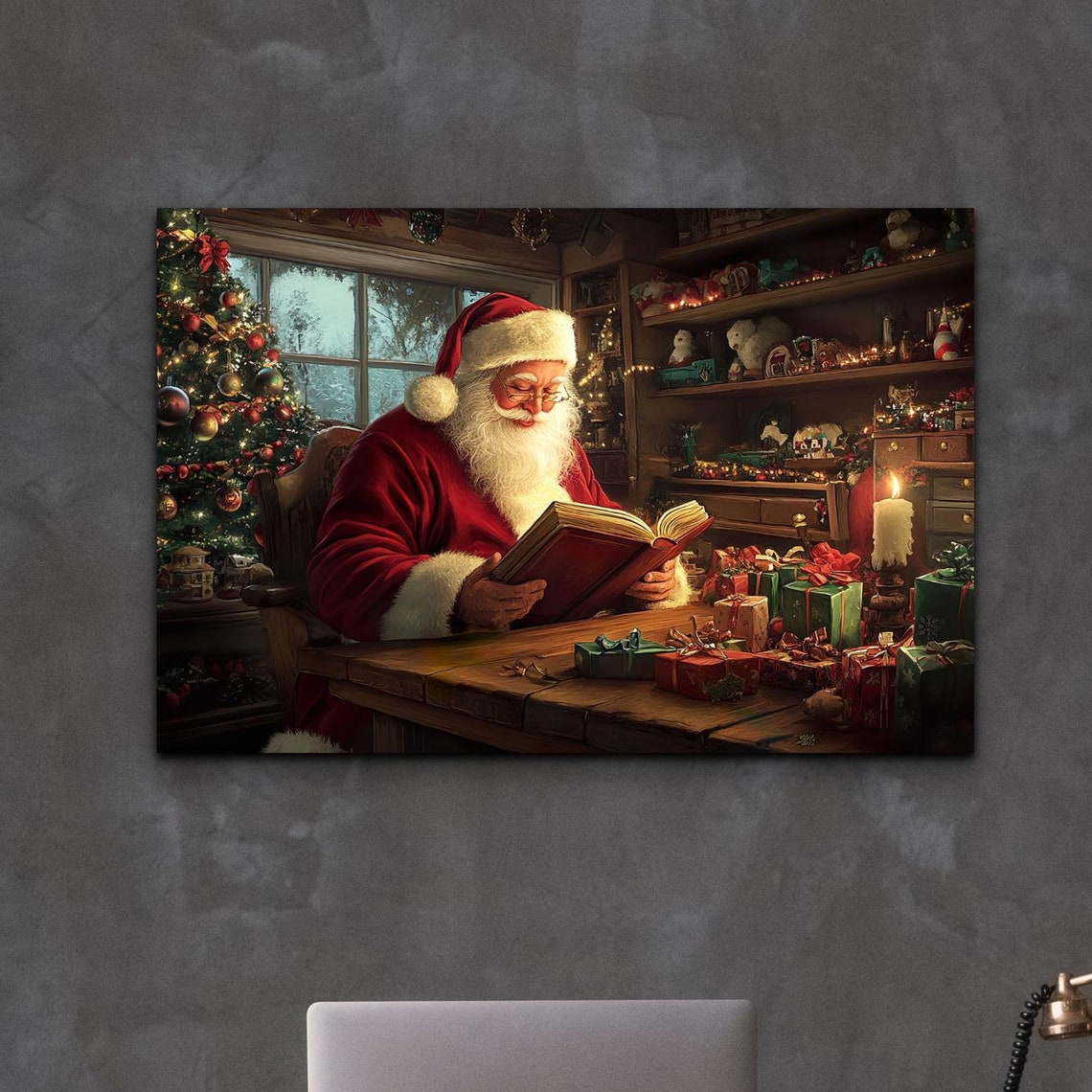 Vintage Santa Claus Reading Book Workshop Christmas Scene Poster