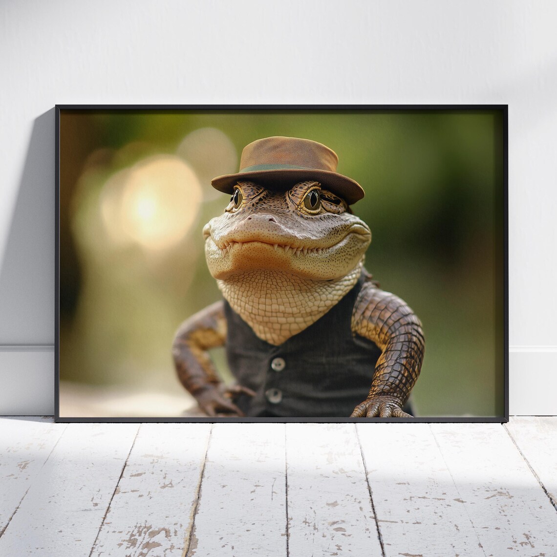 Crocodile Gentleman Wearing Hat Vest Funny Reptile Portrait Poster